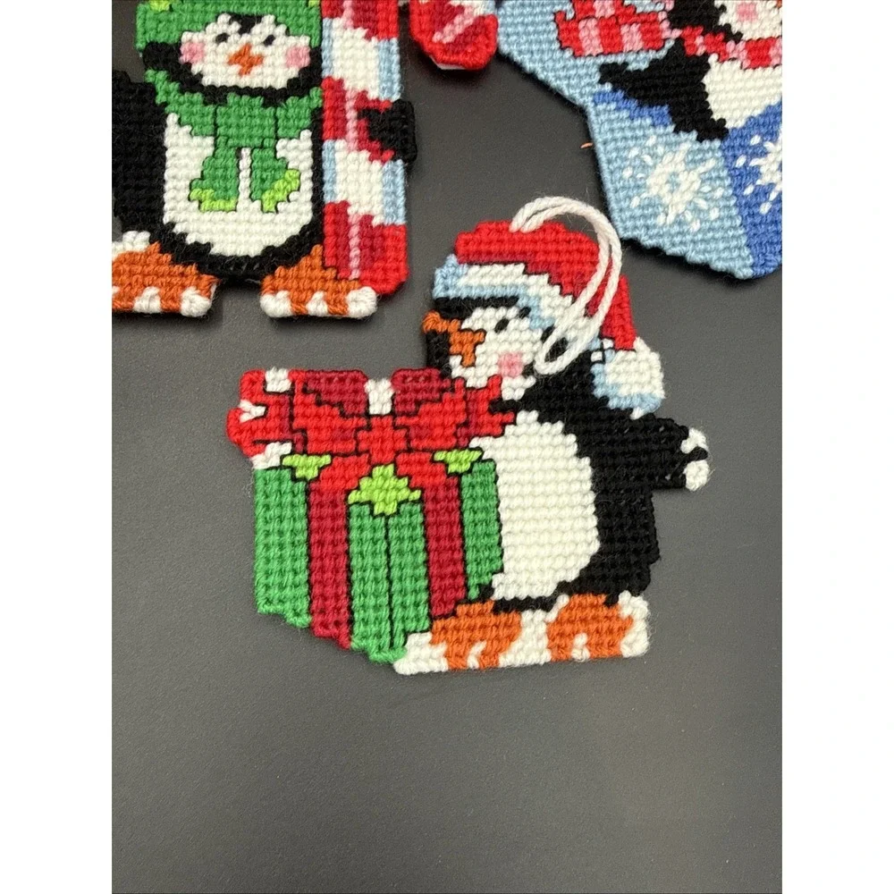 Lot of 8 Plastic Canvas Ornaments Christmas Penguin Snowman Cottage